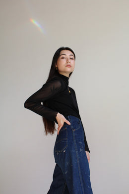1990s Black Mesh Long Sleeve Ruffle Turtleneck Blouse