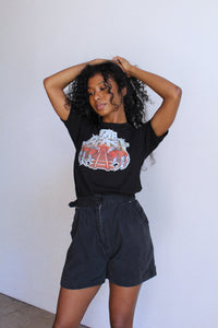 1980s Black Cotton Buckle Waist Cuffed Shorts