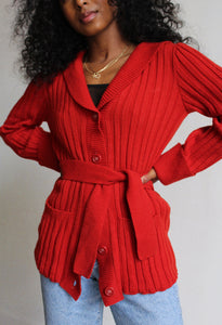 1970s Red Ribbed Knit Cardigan
