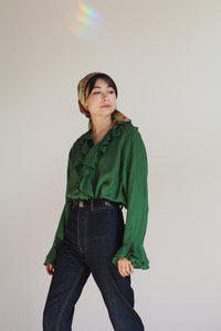 1980s Green Silk Ruffle Blouse