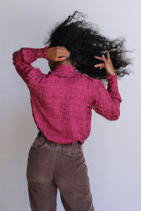 1970s Jean Halm Pink Silk Ruffle Collar Blouse