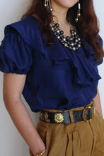 Load image into Gallery viewer, 1990s Navy Blue Silk Ruffle Collar Blouse