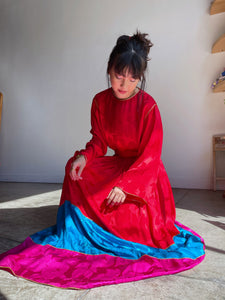 1980s Oscar De La Renta Silk Brocade Rose Color Block Blouse and Maxi Skirt Set