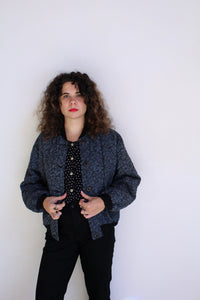 1990s Blue & Black Quilted Abstract Print Bomber Jacket