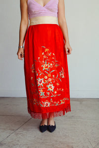 Antique Chinese Red Silk Embroidered Robe Skirt