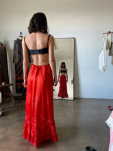 Load image into Gallery viewer, Antique Red Silk Satin Metallic Embroidered Floor Length Shoestring Skirt