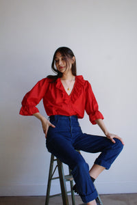 1980s Red Polished Cotton Blouse