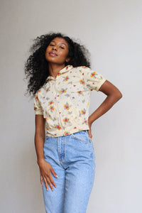 1970s Poppy Print Hooded Zip Up Blouse