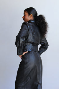 1980s Black Leather Quilted Waist Skirt