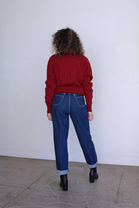 1990s Maroon Wool Deadstock Cable Knit V-neck Sweater
