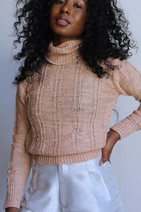 1970s Peach Open Weave Knit Turtleneck Sweater