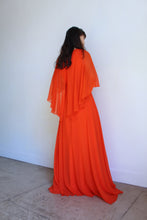 Load image into Gallery viewer, 1970s Orange Silk Chiffon Capelet Maxi Dress