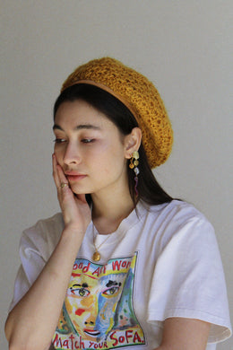 Vintage Mustard Yellow Crochet Knit Beret