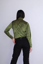 Load image into Gallery viewer, 1990s Moss Green Croc Velvet Burnout Long Sleeve Blouse