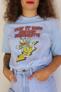 Vintage Play it Safe Around Electricity Baby Blue Tee