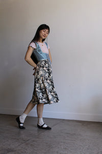 1980s Shades of Grey Floral Stretch Cotton Midi Skirt