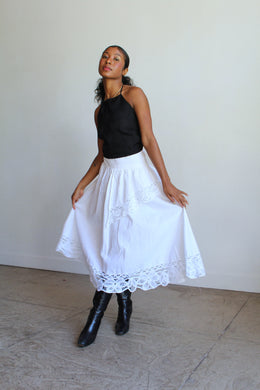 1980s White Irish Linen & Lace Cutout Skirt