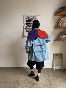 1980s Hooded Patchwork Denim & Suede Color Block Jacket