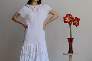 1980s White Lace Jersey Knit Dress