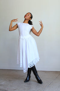 1980s White Irish Linen & Lace Cutout Dress