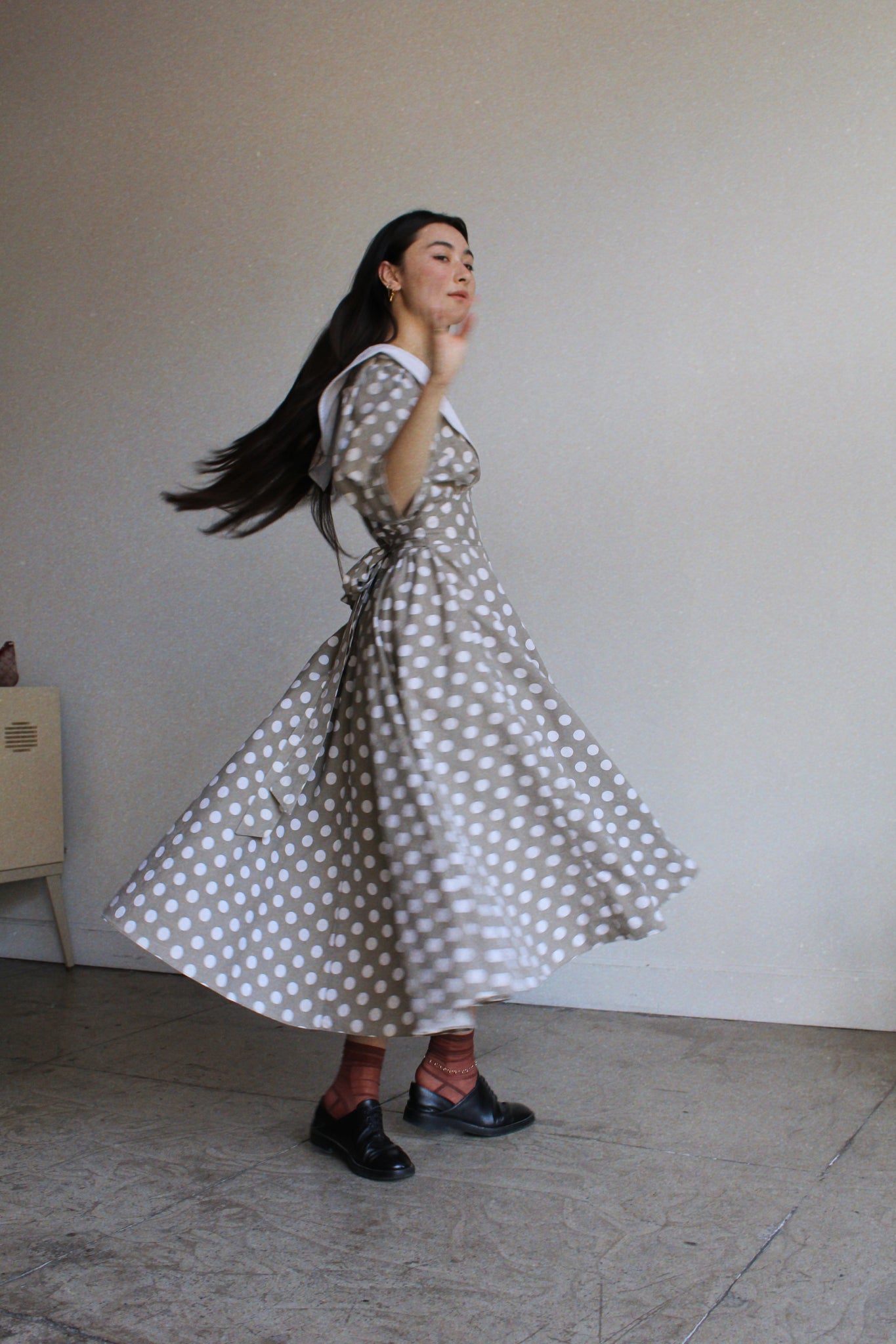 1980s Tawny Brown Polka Dot Dress 3 Women 1980s Tawny Brown Polka Dot Dress 3 Women