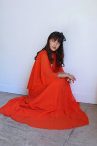1970s Orange Silk Chiffon Capelet Maxi Dress