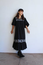 Load image into Gallery viewer, 1970s Black &amp; White Appliqué Gauze Dress w/ Ballon Sleeves