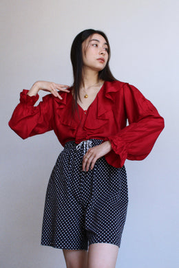 1990s Red Silk Ruffle Collar Blouse 