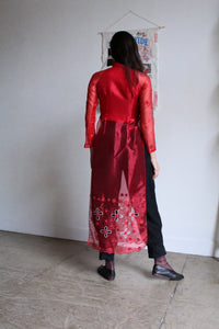 Vintage Sheer Scarlet Pink Ao Dai Dress w/ Glitter Appliqués
