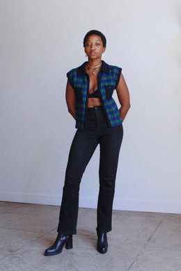Plaid Knit Open Sweater Vest
