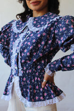 Load image into Gallery viewer, 1970s Navy Blue Floral Print &amp; Lace Blouse with Juliet Sleeves