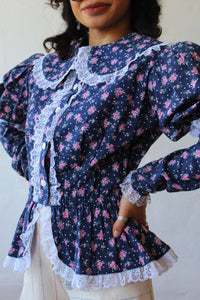 1970s Navy Blue Floral Print & Lace Blouse with Juliet Sleeves