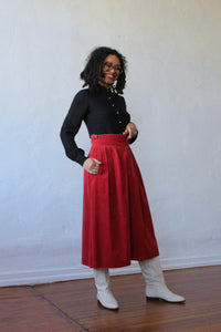1970s Red Corduroy Pleated Midi Skirt