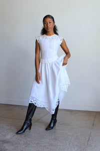 1980s White Irish Linen & Lace Cutout Dress