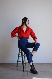 1980s Red Polished Cotton Blouse