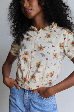 1970s Poppy Print Hooded Zip Up Blouse