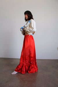 Antique Red Silk Satin Metallic Embroidered Floor Length Shoestring Skirt