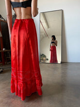 Load image into Gallery viewer, Antique Red Silk Satin Metallic Embroidered Floor Length Shoestring Skirt