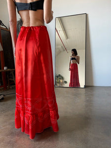 Antique Red Silk Satin Metallic Embroidered Floor Length Shoestring Skirt