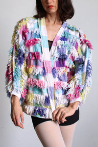 Paula Sweet Muslin Mink Art to Wear Pastel Cotton Fringe Cardigan Sweater