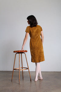 1960s Abstract Silk Velvet Burnout Caramel Cheongsam Qipao Dress