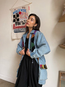 1980s Hooded Patchwork Denim & Suede Color Block Jacket