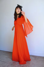 Load image into Gallery viewer, 1970s Orange Silk Chiffon Capelet Maxi Dress