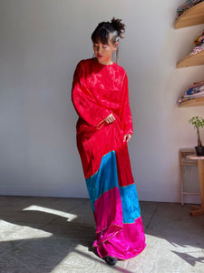 1980s Oscar De La Renta Silk Brocade Rose Color Block Blouse and Maxi Skirt Set
