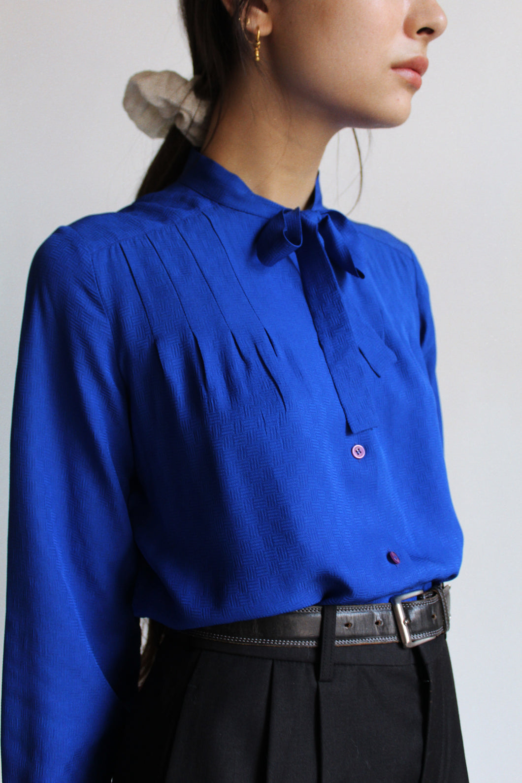 Electric Blue Silk Pussy Bow Blouse