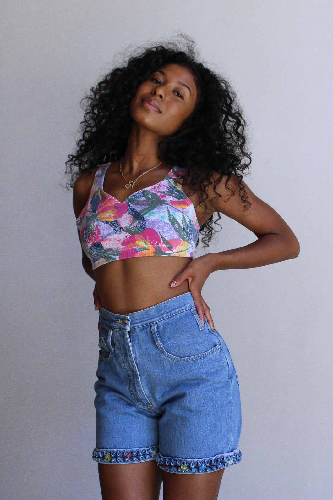 1980s Painterly Floral Spandex Crop Top