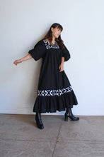 Load image into Gallery viewer, 1970s Black &amp; White Appliqué Gauze Dress w/ Ballon Sleeves