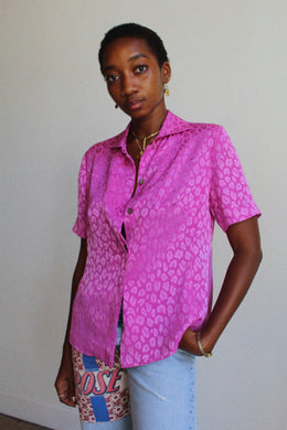 1990s Fuschia Pink Silk Leopard Print Blouse