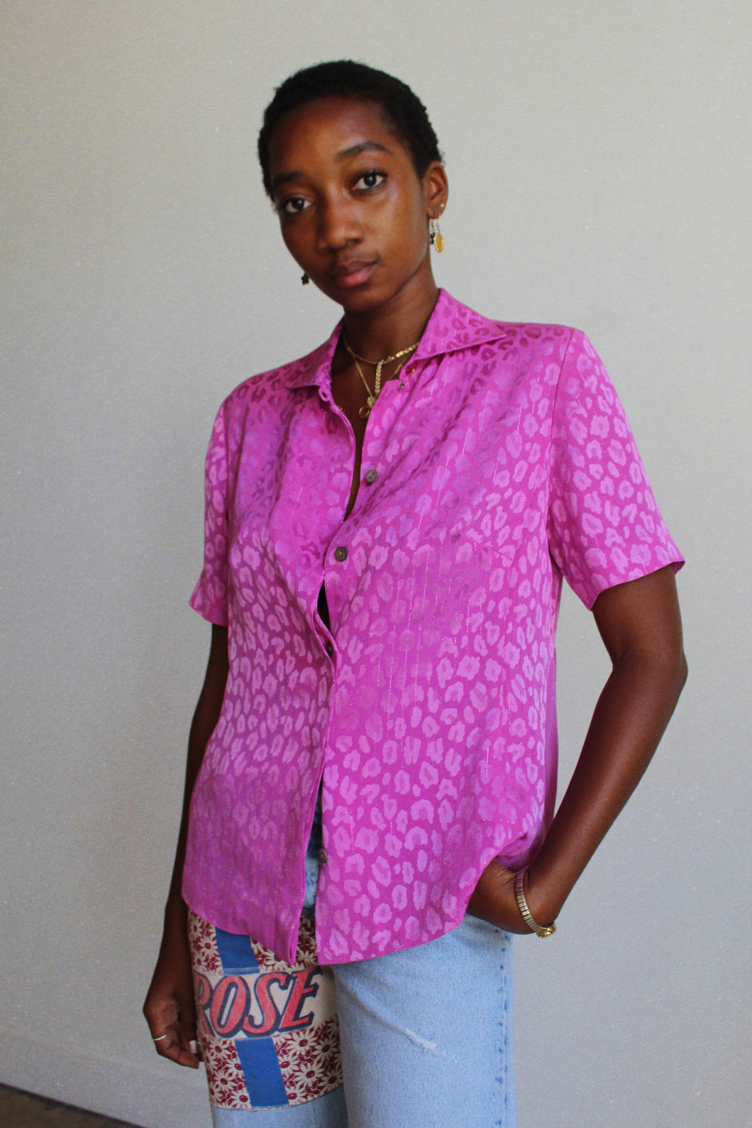 1990s Fuschia Pink Silk Leopard Print Blouse
