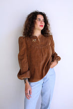 Load image into Gallery viewer, 1960s Brown Corduroy Embroidered Smock Blouse w/ Puff Sleeves
